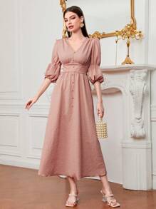 Modelyn Đầm Xù Dây kéo Nút phía trước màu trơn Thanh lịch - Bụi hồng - Xem 4