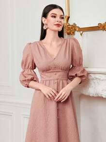 Modelyn Đầm Xù Dây kéo Nút phía trước màu trơn Thanh lịch - Bụi hồng - Xem 5