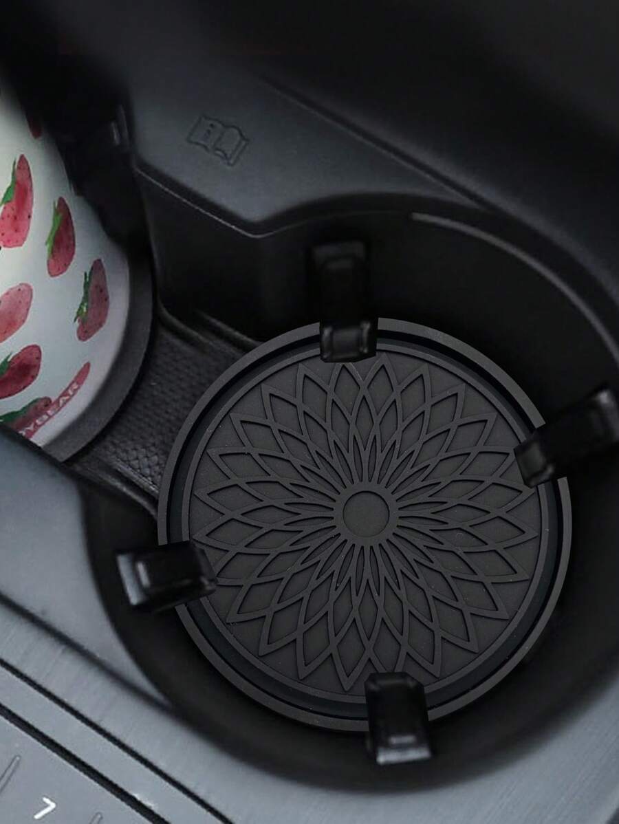 2pcs Flower Embossed PVC Anti-slip Car Coaster - Black - View 1