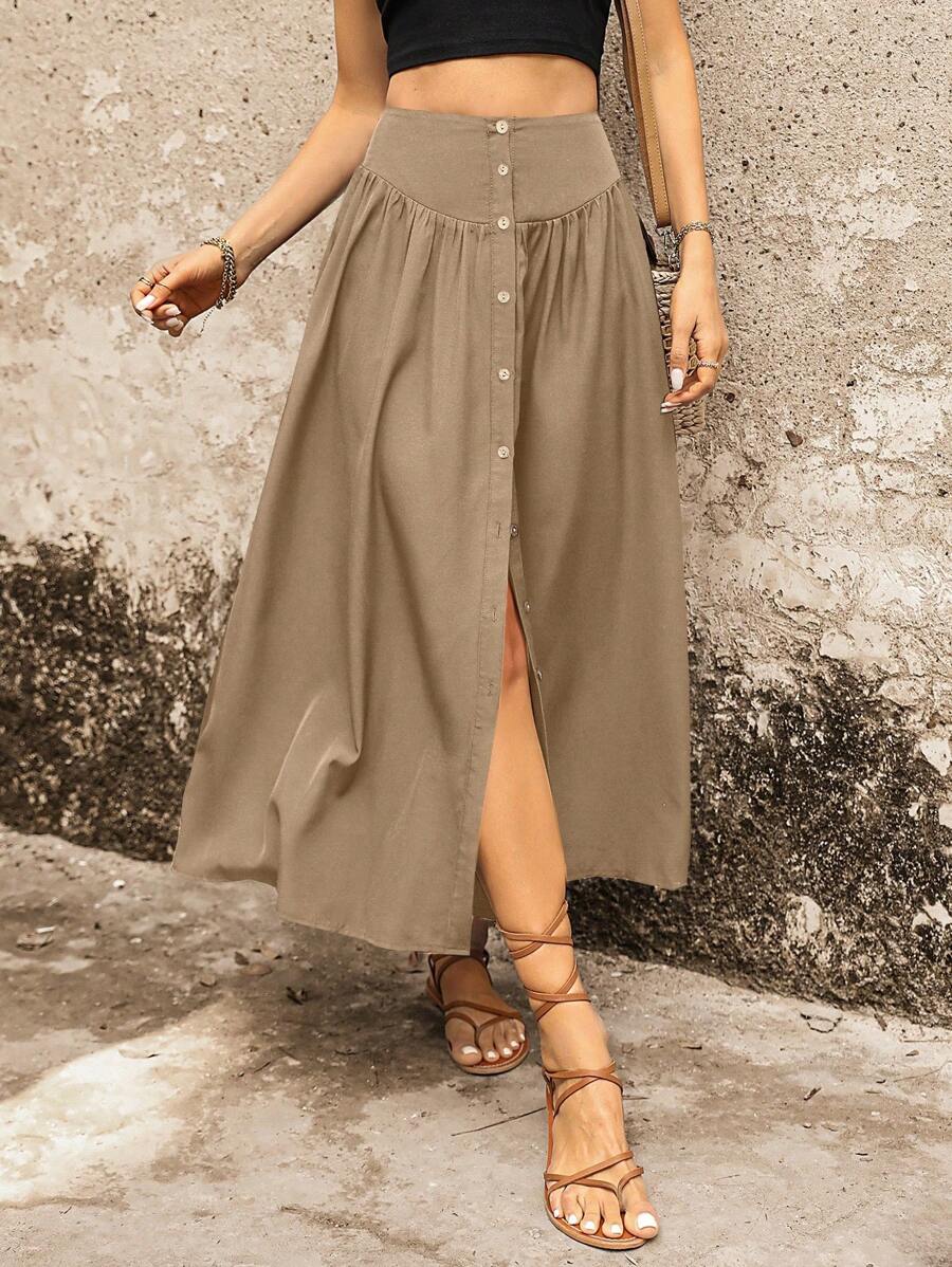 SHEIN VCAY Váy nữ Nút phía trước màu trơn Giải trí - Màu Khaki - Xem 1