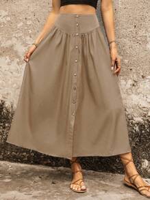 SHEIN VCAY Váy nữ Nút phía trước màu trơn Giải trí - Màu Khaki - Xem 4