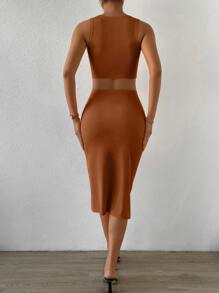 SHEIN Privé Solid Tank Top & Drawstring Split Thigh Skirt - Brown - View 2