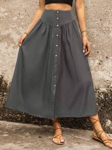 SHEIN VCAY Váy nữ Nút phía trước màu trơn Giải trí - Màu xám đen - Xem 4