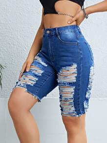 Shorts mezclilla desgarro bajo crudo - Azul lavado oscuro - Ver 1