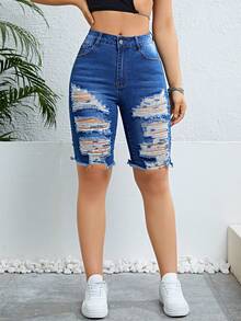 Shorts mezclilla desgarro bajo crudo - Azul lavado oscuro - Ver 5