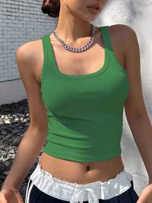 DAZY Solid Ribbed Knit Crop Tank Top - Green - View 3