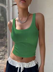 DAZY Solid Ribbed Knit Crop Tank Top - Green - View 5