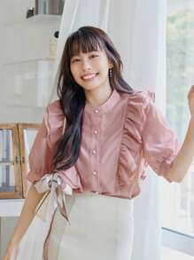 DAZY Áo sơ mi nữ Xù Nút phía trước màu trơn Dễ thương - Hồng - Xem 3