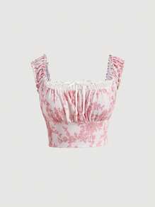 SHEIN MOD Áo hai dây Plus Size Tương phản ren viền lá sen Thắt nút Nếp gấp Phần Ngực Hoa Tất cả trên in Boho - Màu Hồng baby - Xem 1