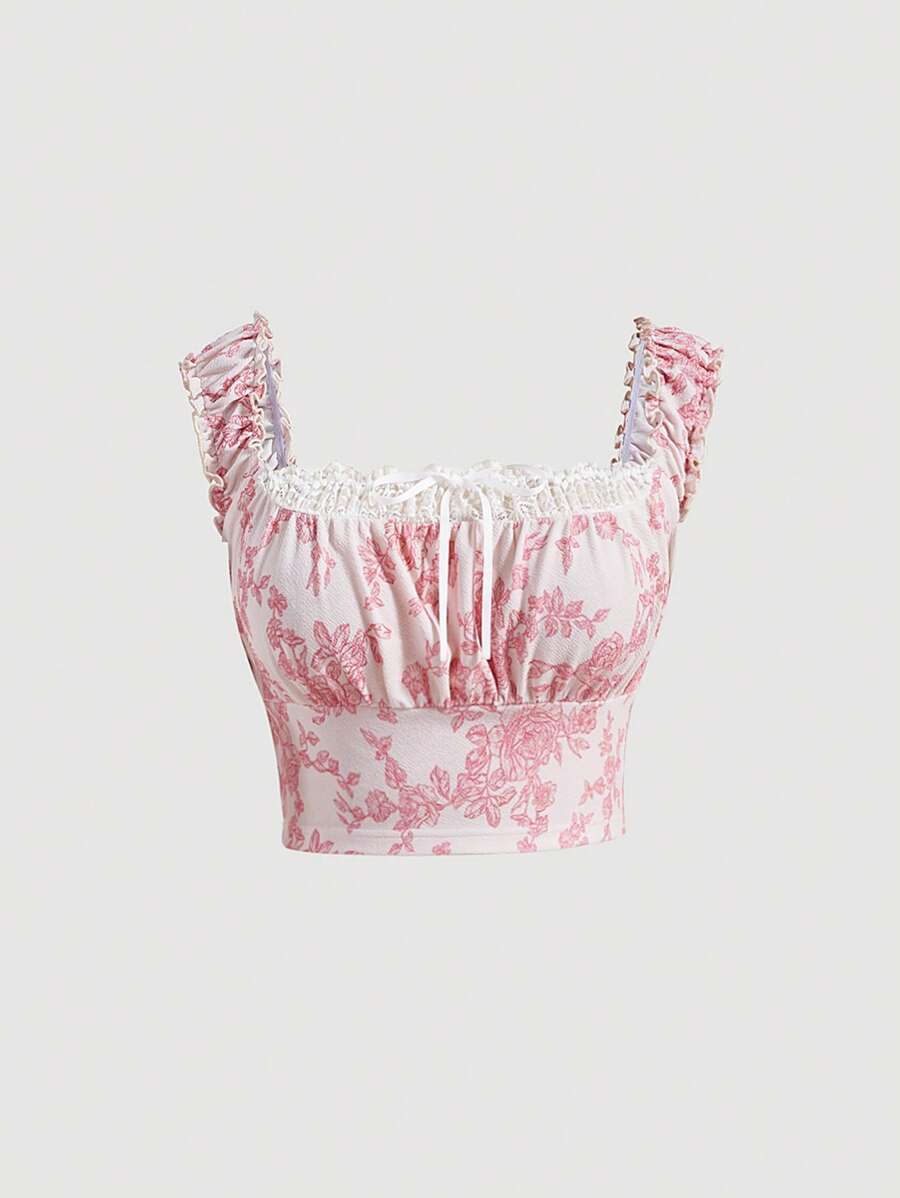 SHEIN MOD Áo hai dây Plus Size Tương phản ren viền lá sen Thắt nút Nếp gấp Phần Ngực Hoa Tất cả trên in Boho - Màu Hồng baby - Xem 1