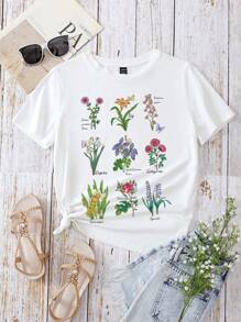 SHEIN LUNE Áo thun nữ Hoa Lá thư Giải trí - trắng - Xem 1