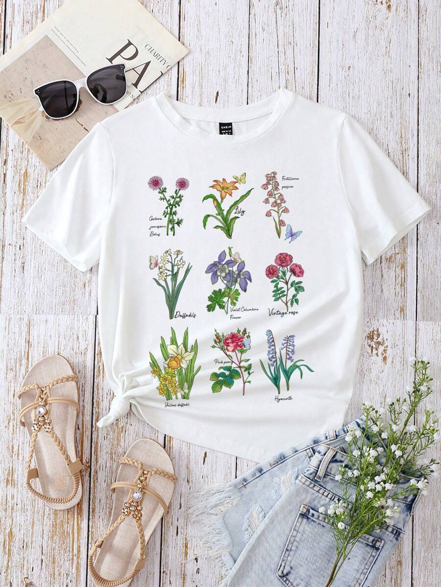 SHEIN LUNE Áo thun nữ Hoa Lá thư Giải trí - trắng - Xem 1