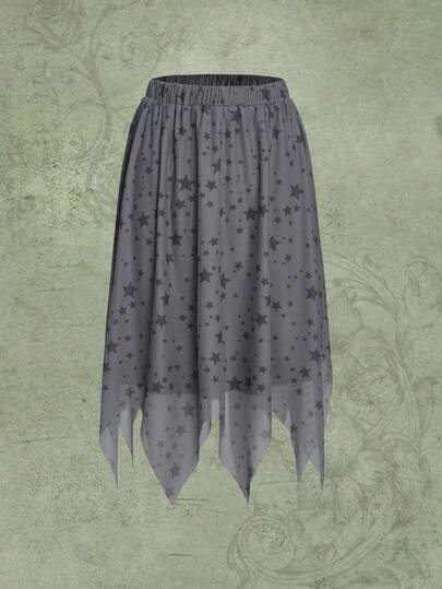 Mesh Rock mit Stern-Muster und asymmetrischem Saum, Midi-Länge