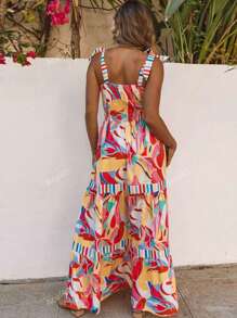 Acelitt Summer Colorful Abstract Print Color Block Tie Front Spaghetti Strap Wide Neck Loose Dress For Women