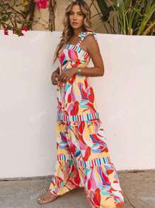 Acelitt Summer Colorful Abstract Print Color Block Tie Front Spaghetti Strap Wide Neck Loose Dress For Women