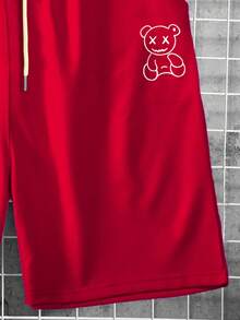 Manfinity Hypemode Men's Casual Bear Print Drawstring Waist Shorts For Summer - Burgundy - View 4