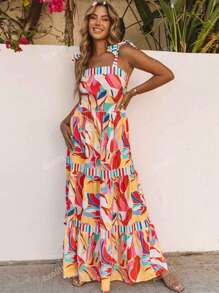 Acelitt Summer Colorful Abstract Print Color Block Tie Front Spaghetti Strap Wide Neck Loose Dress For Women