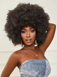 Peluca sintética corta y rizada con flequillo estilo afro - Dark Brown - Ver 1