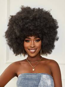 Peluca sintética corta y rizada con flequillo estilo afro - Dark Brown - Ver 4