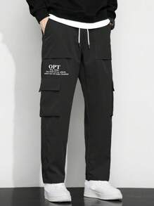 Claim Dot Men Slogan Graphic Flap Pocket Side Drawstring Waist Cargo Trousers - Black - View 5