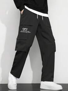 Claim Dot Men Slogan Graphic Flap Pocket Side Drawstring Waist Cargo Trousers - Black - View 6