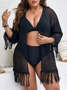 SHEIN Swim Curve Plus Hollow Out Fringe Trim Drop Shoulder Open Front Kimono - Black - View 4