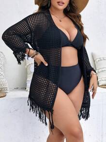 SHEIN Swim Curve Plus Hollow Out Fringe Trim Drop Shoulder Open Front Kimono - Black - View 5