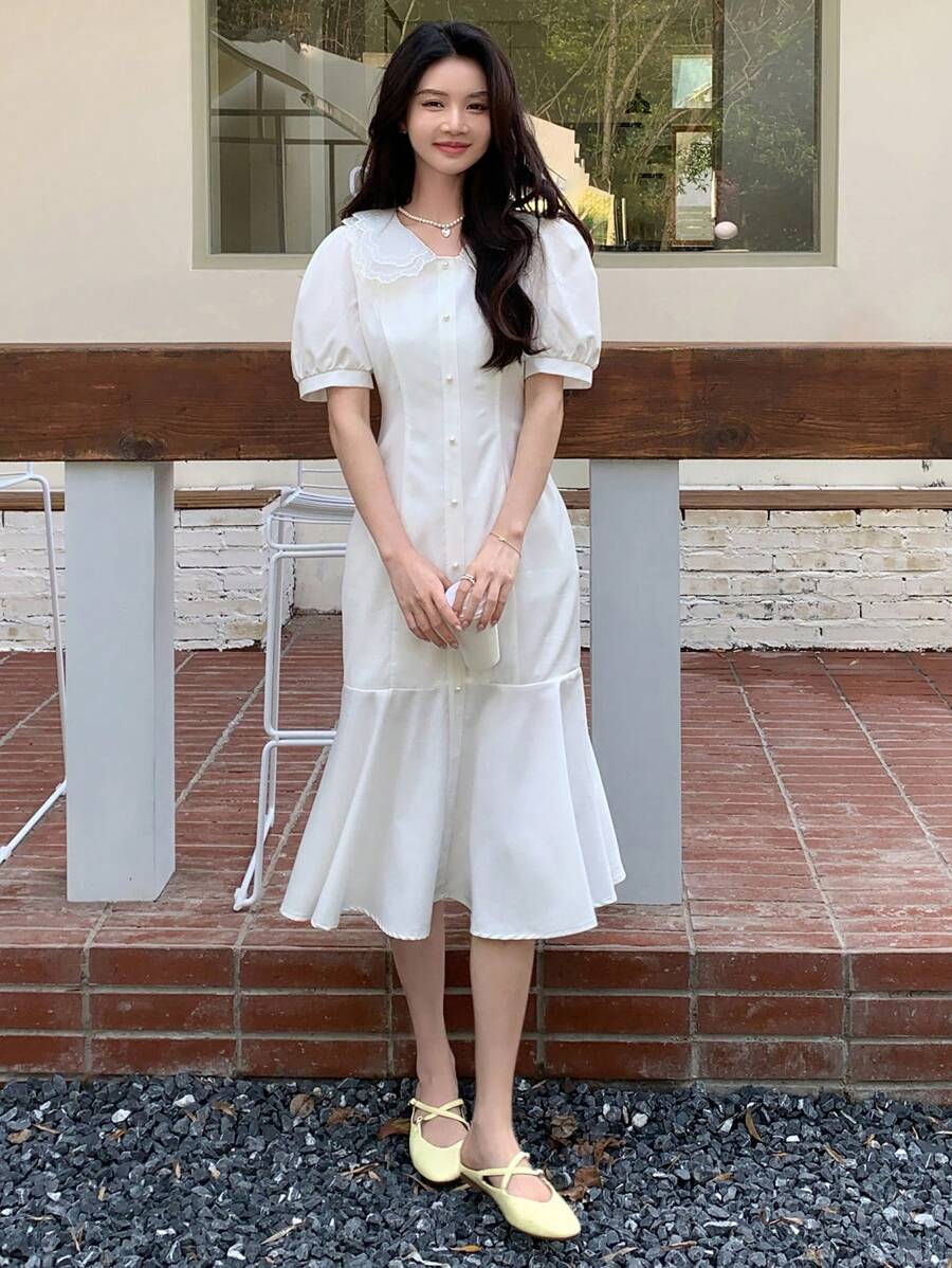 DAZY Solid Button Front Puff Sleeve Mermaid Hem Dress - White - View 1