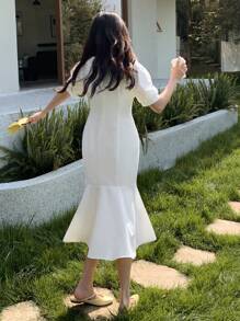 DAZY Solid Button Front Puff Sleeve Mermaid Hem Dress - White - View 2