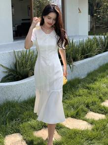 DAZY Solid Button Front Puff Sleeve Mermaid Hem Dress - White - View 5