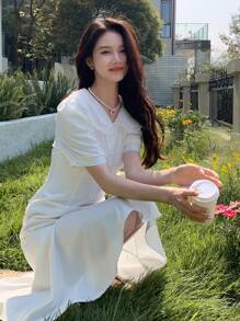 DAZY Solid Button Front Puff Sleeve Mermaid Hem Dress - White - View 6