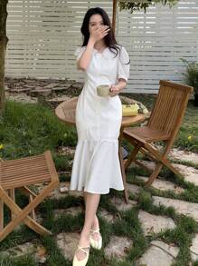 DAZY Solid Button Front Puff Sleeve Mermaid Hem Dress - White - View 7