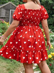 Dreamara Vestido con estampado de corazón de manga farol bajo con fruncido - Rojo - Ver 2