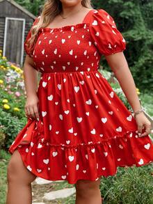 Dreamara Vestido con estampado de corazón de manga farol bajo con fruncido - Rojo - Ver 3