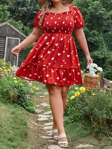 Dreamara Vestido con estampado de corazón de manga farol bajo con fruncido - Rojo - Ver 5