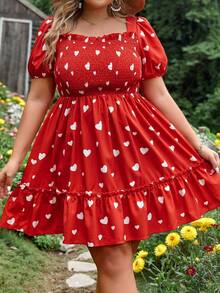 Dreamara Vestido con estampado de corazón de manga farol bajo con fruncido - Rojo - Ver 6
