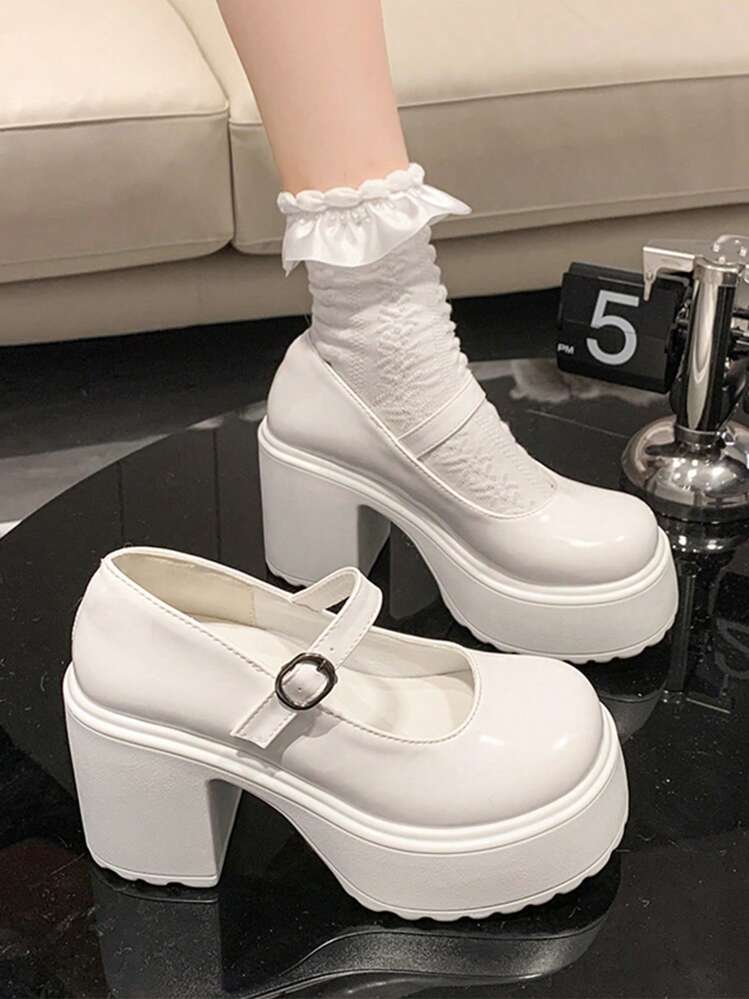 Preppy Mary Jane Shoes For Women White Buckle Decor Platform Shoes