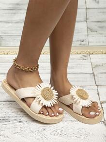 Dép trượt đi nghỉ cho nữ, Dép đế bằng trang trí đính đá - Màu be - Xem 2