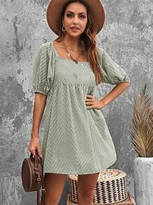 Square Neck Puff Sleeve Smock Dress - Mint Green - View 1