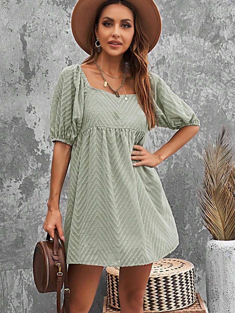 Square Neck Puff Sleeve Smock Dress - Mint Green - View 1