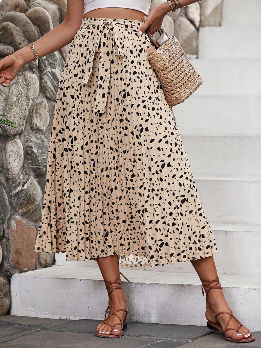 SHEIN VCAY Allover Print Belted Pleated Skirt - Khaki - View 1