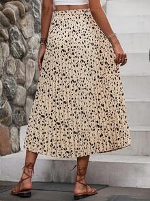 SHEIN VCAY Allover Print Belted Pleated Skirt - Khaki - View 2