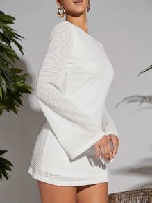 Travachic Tie Backless Trumpet Sleeve Solid Dress - White - View 5