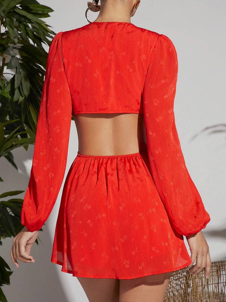 SHEIN VCAY Ditsy Floral Pattern Lantern Sleeve Knot Front Cut Out Romper - Red - View 2