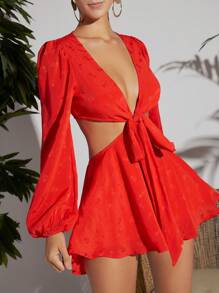 SHEIN VCAY Mono con patrón floral de manga farol con nudo delantero con abertura - Rojo - Ver 4