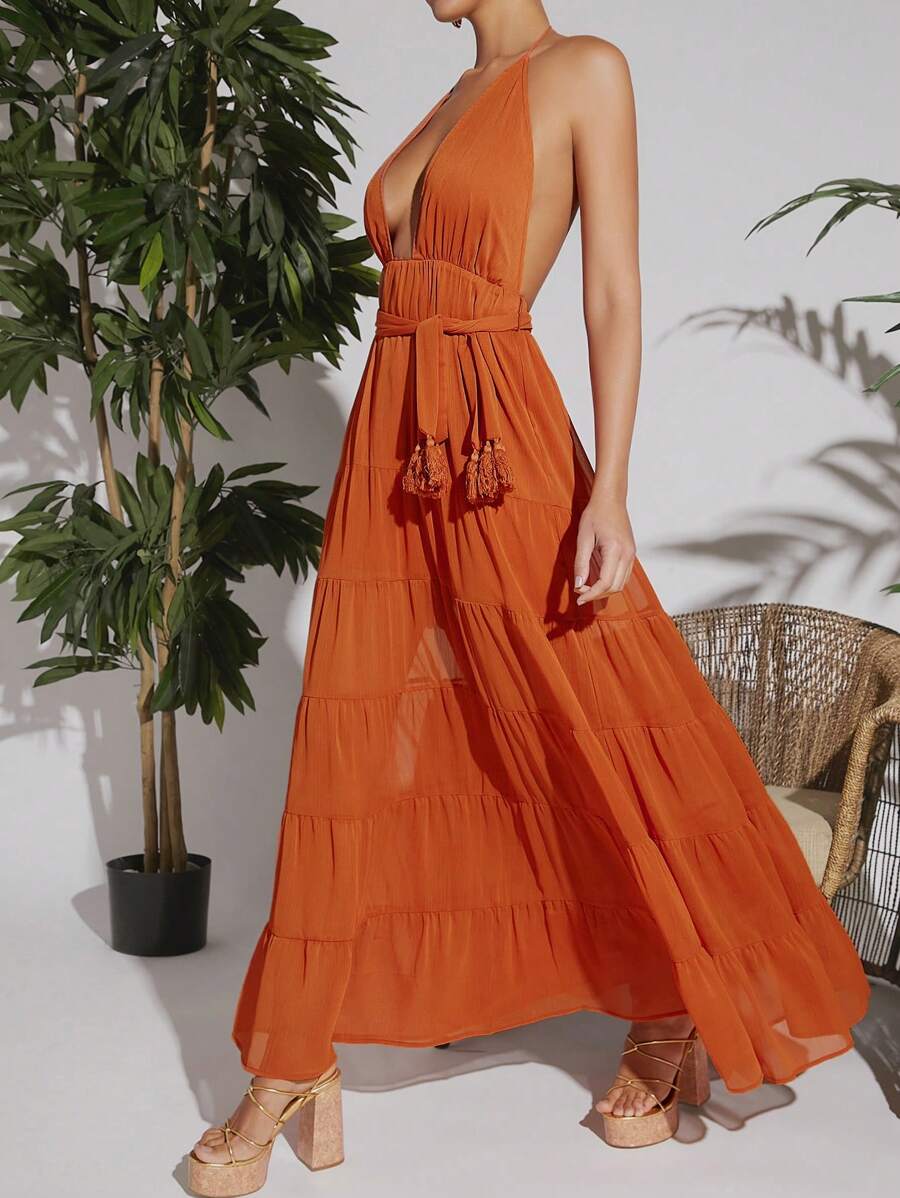 SHEIN VCAY Plunge Neck Backless Tassel Belted Ruffle Hem Dress - Orange - View 1