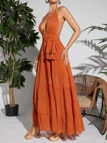 SHEIN VCAY Plunge Neck Backless Tassel Belted Ruffle Hem Dress - Orange - View 5