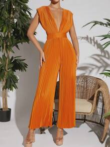 SHEIN VCAY Plunging Neck Pleated Wide Leg Satin Jumpsuit - Orange - View 1