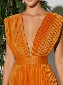 SHEIN VCAY Plunging Neck Pleated Wide Leg Satin Jumpsuit - Orange - View 3
