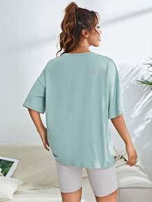 SHEIN EZwear Cat & Letter Graphic Drop Shoulder Tee - Mint Green - View 2